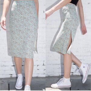 Brandy Melville Phoebe Midi Skirt Ditsy‎ Floral Thigh Slit Teal Mint